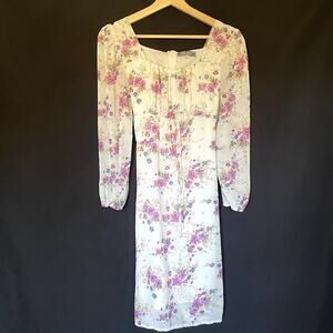Dada Shop white floral chiffon style pink flowers dress long sleeves midi length